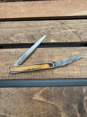 Vintage 2 Blade Folding Fruit Melon Citrus Tester Pocket Knife -Yellow Handle